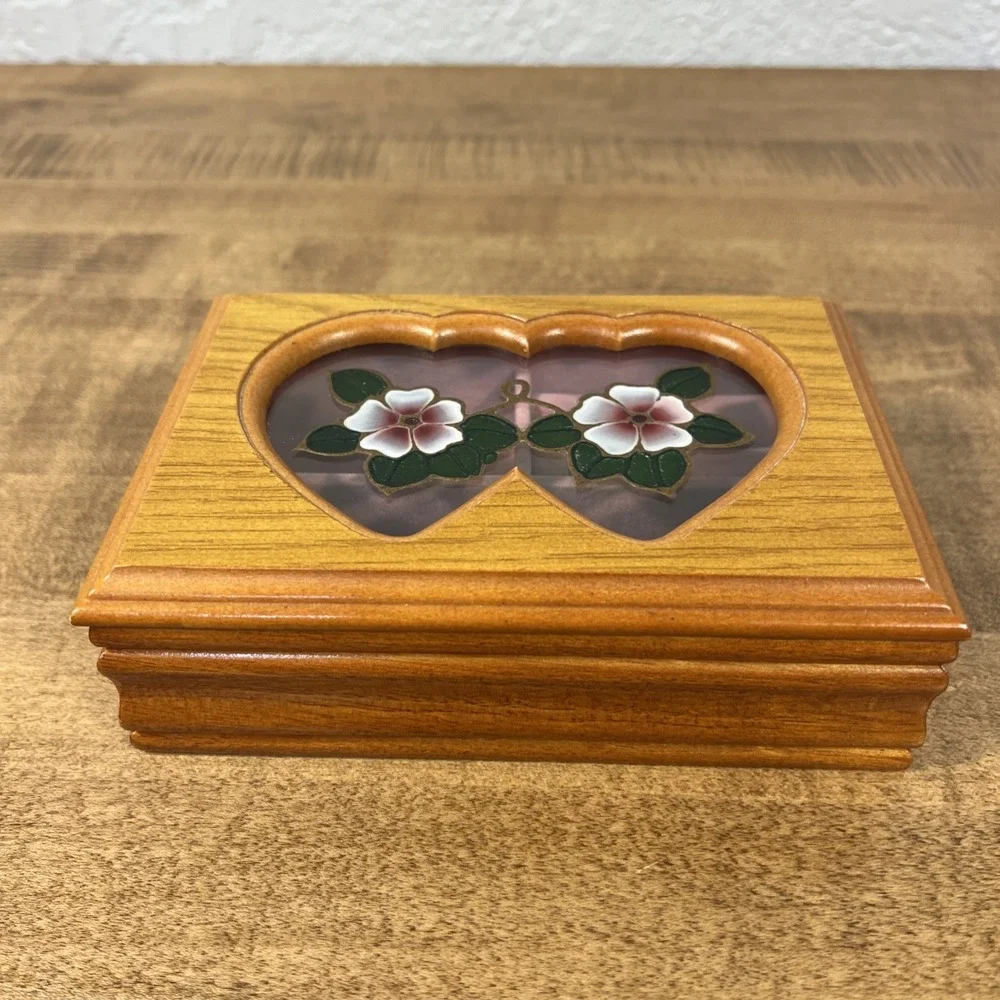 Vintage Wood Wooden Trinket Jewelry Box W/ Flower Blossom Design